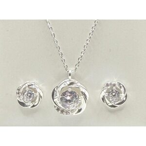 Necklace & Stud Earrings Set New Silver Rhinestone Sparkle Swirl Crystal Pendant